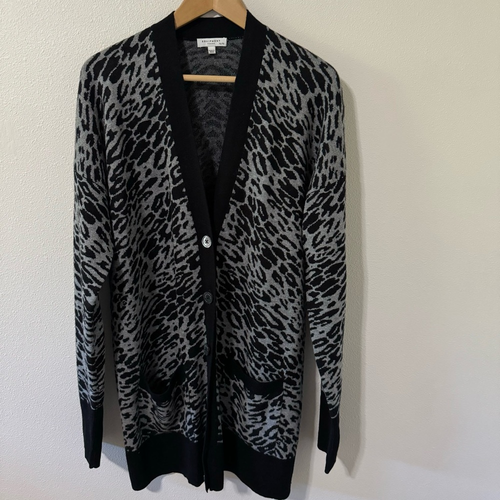 Equipment Femme Fenwick Leopard-Print Cardigan Wool Cashmere Black Gray Long -XL - Picture 2 of 11